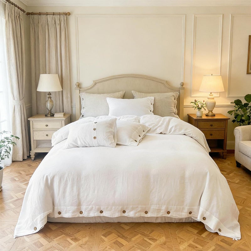 Simple&Opulence 100% Linen Duvet Cover Set 2pcs with Coconut Button Closure Natural French Washed Flax Solid Color Soft Breathable Farmhouse Bedding - White, Twin Size - Image 1